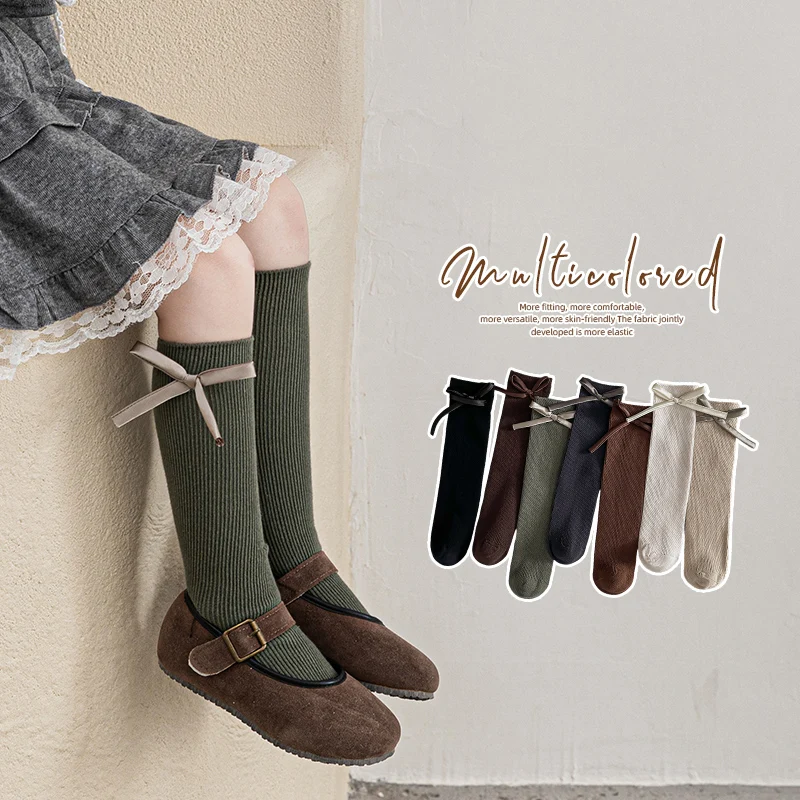 

Милые дышащие носки до середины икры для девочек, атласная лента, 3D чулки с большим бантом и манжетами, эффектные теплые повседневные длинные носки для маленьких детей