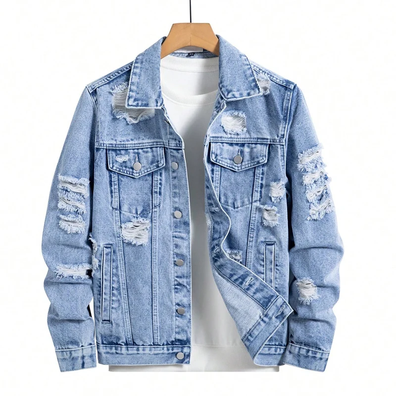New spring/autumn styles Men's denim jacket Blue ripped jacket Street fashion Everyday casual