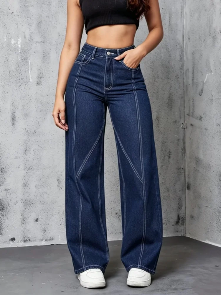 2026 Ropa Y2K Fashion Patchwork Dark Blue Baggy Women's Jeans Pants For Woman Clothing Straight Casual Clean fit Denim Trousers
