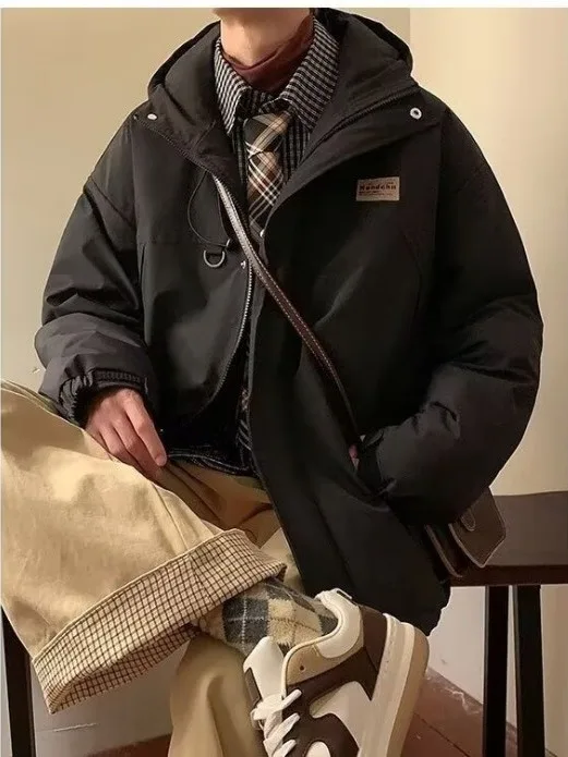 

Thiened Cotton Jaet Men's Workwear Winter Coat Hooded Polyester Fiber Stand Fit Youth Faion Zipper Closure Casual Wear