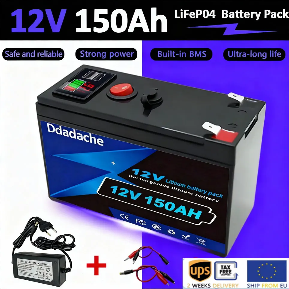 Batterie au lithium rechargeable LiFePO4 12V 150Ah, BMS intégré, idéale pour les jouets à piles, les panneaux solaires, les détecteurs de poissons, les voitures électriques