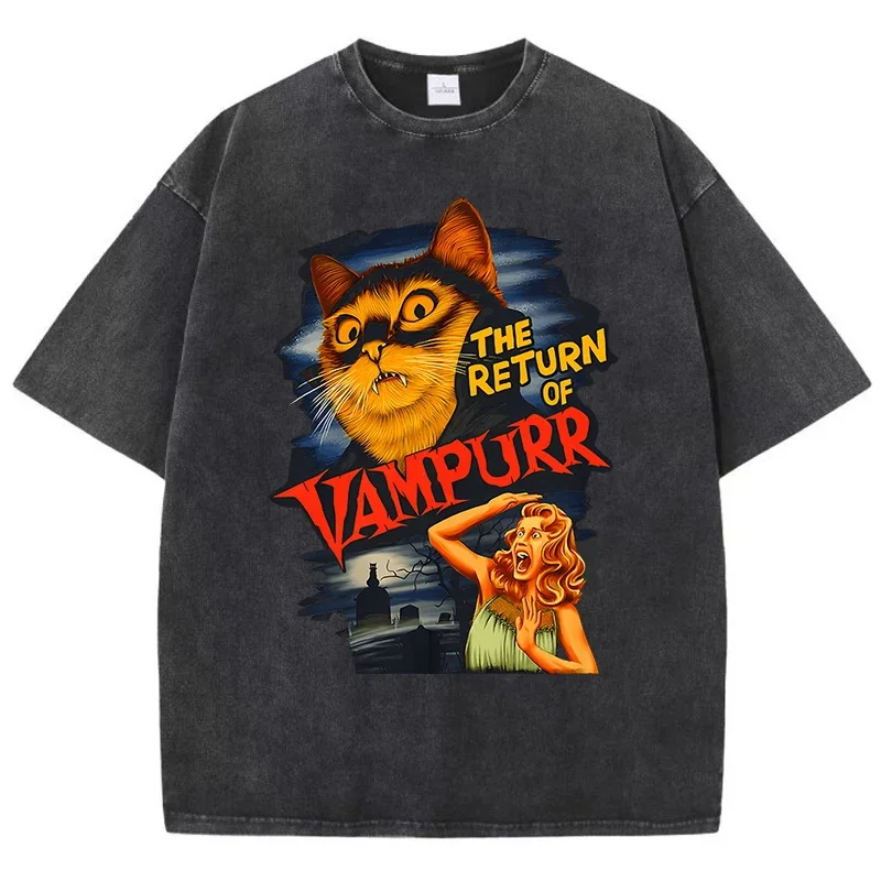 

The Return Of Vampurr Cat Washed Retro Men T-Shirt Oversize Tshirt Breathable Loose Short Sleeve Tee Clothes Cotton Tops Couple