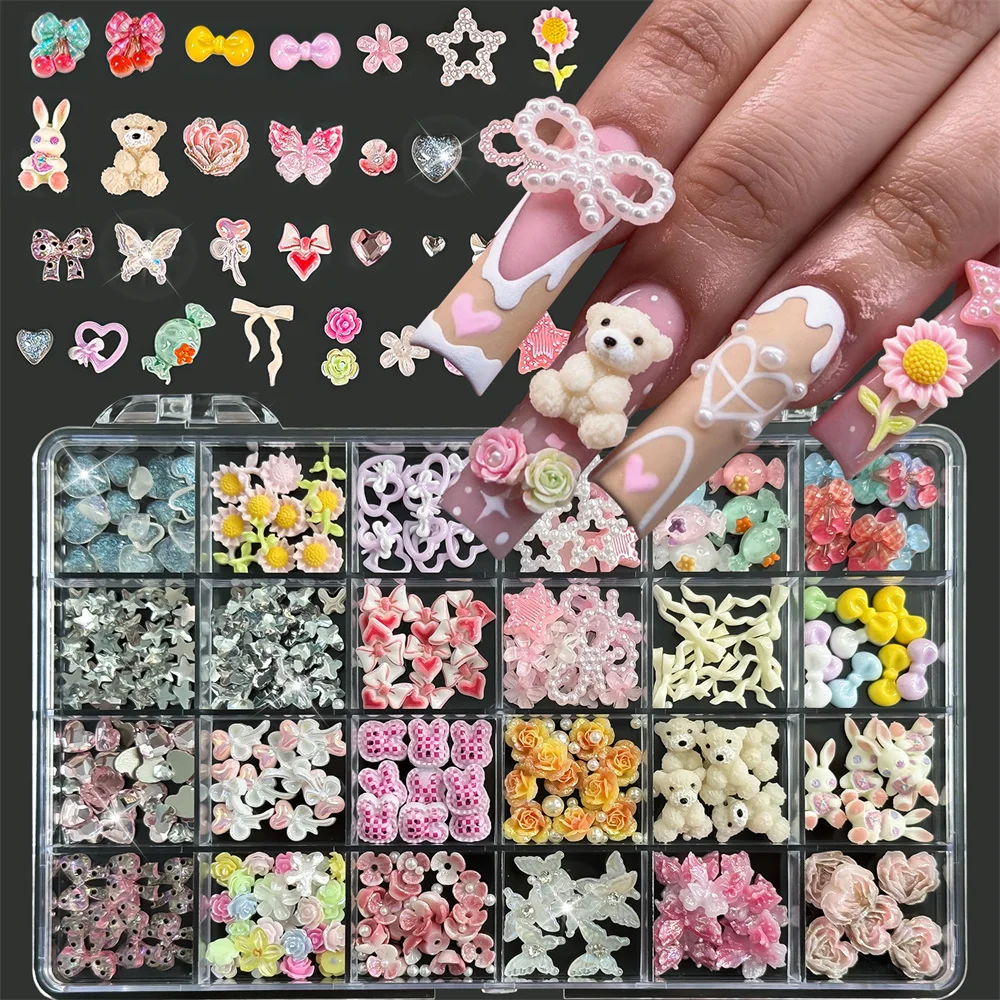 24Grids Macaron Candy Nail Art Accessories Checkered Bow Gradient Flower Star Hollow Heart Easy Apply for Y2K DIY Manicure