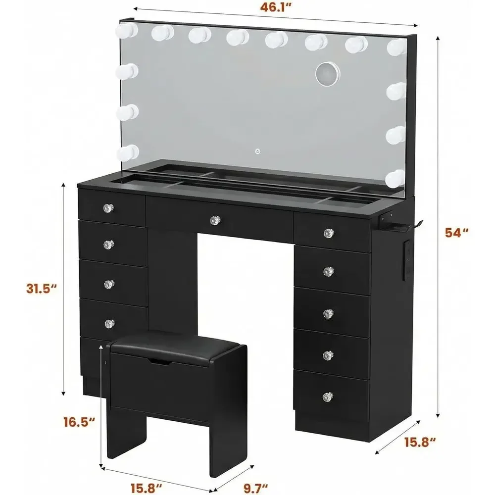 46 LED Lighted Vanity Desk with Mirror, 3-Color Lighting, Adjustable Brightness, Glass Top Makeup Table, Soft Cushioned Stool, B