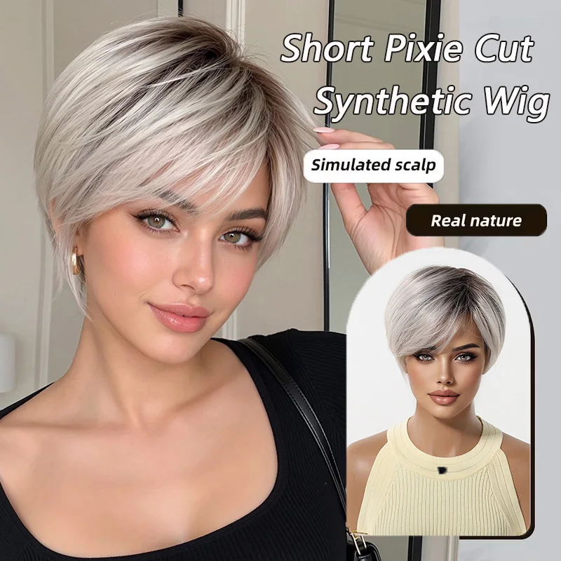EASIHAIR Short Straight Pixie Cut Synthetic Wigs for Women Black to Platinum Wig with Bangs Natural Hair Daily Use Cosplay Party