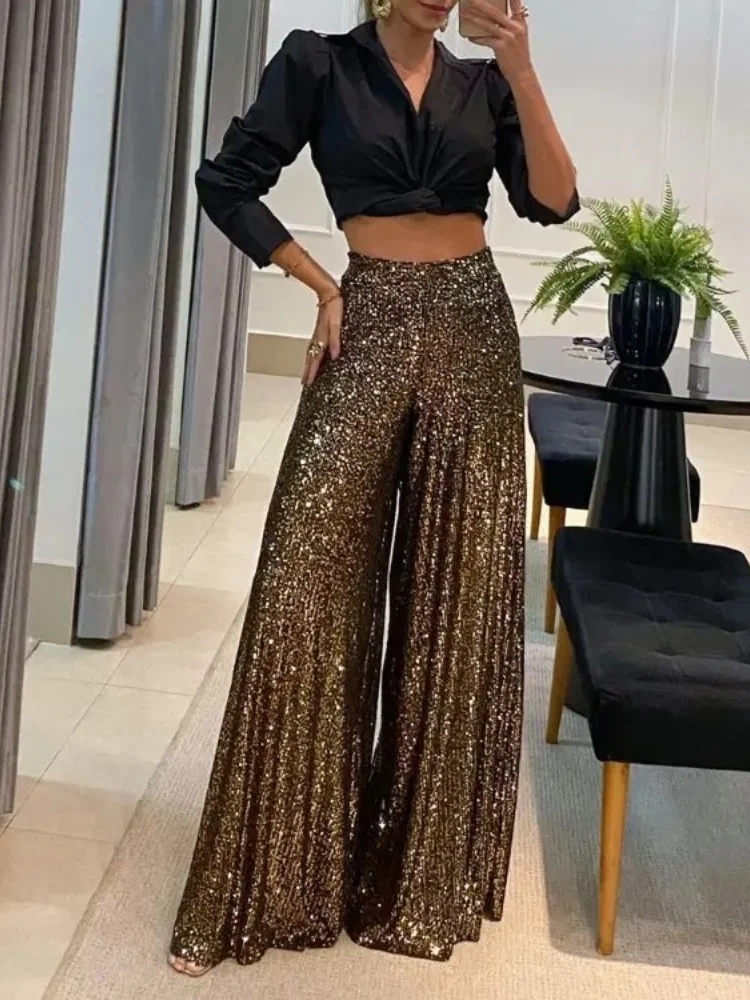 

women sequins shiny solid color pants high waist wide leg straight loose maxi pants