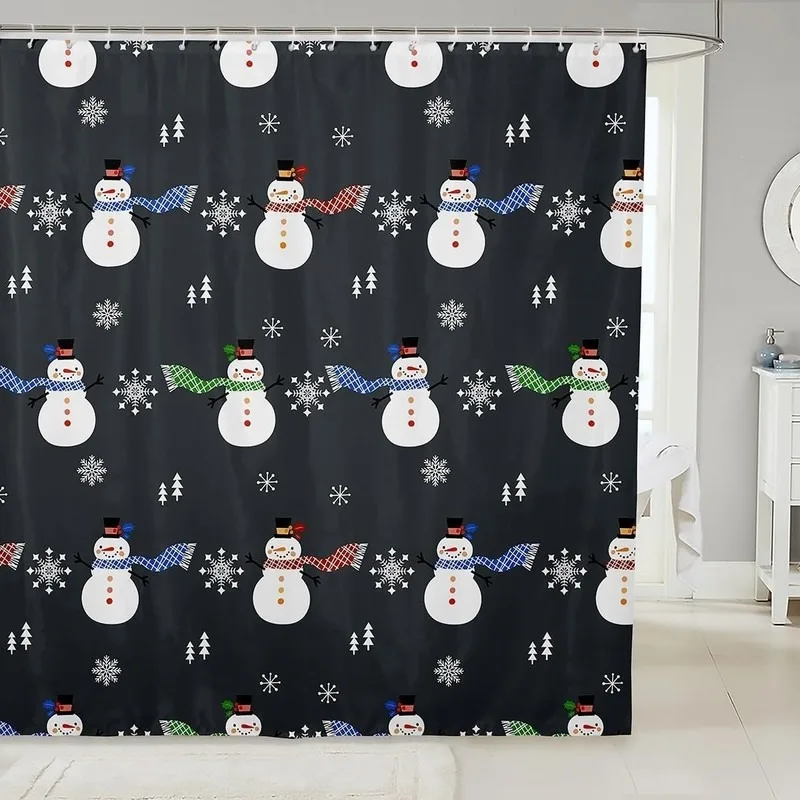 Black Grid Scarf Snowman Snowflake Winter Christmas Bathroom Shower Curtain No Drilling Hooks 12Pcs Waterproof Decor