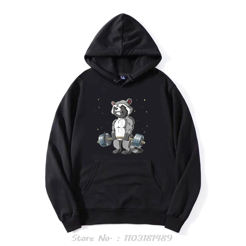 Funny Raccoon Gym Weight Training Deadlift Hoodie Cotton Fitness Pullover Hoody Graphic Oversized Sweatshirt Unisex Men's