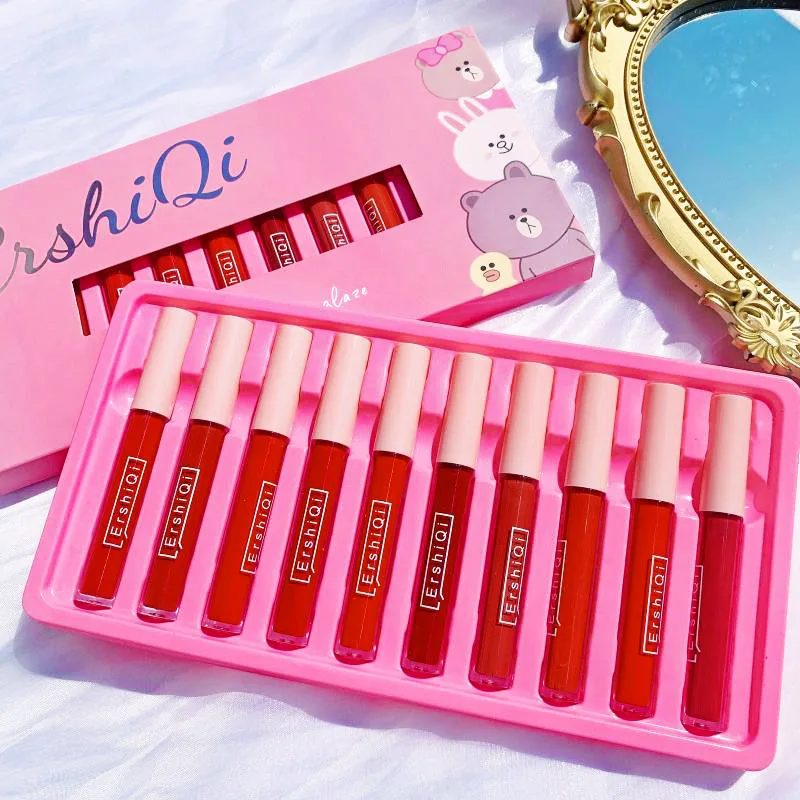 Mini 10-Farben-flüssiger Lipgloss, wasserfest, antihaftbeschichtet, 24-Stunden-langanhaltender Spiegel-Lippenstift-Set, Lipgloss, kosmetische Make-up-Pflege