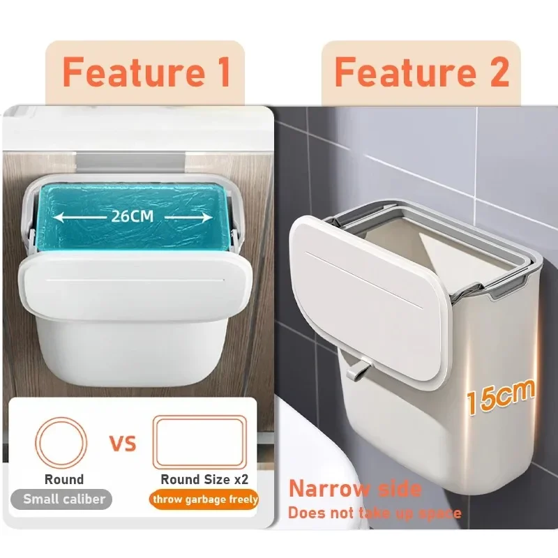 7/9L Hanging Trash Can For Kitchen Large Capacity Kitchen Recycling Garbage Basket Bathroom Wall Mounted Trash Bin with Lid