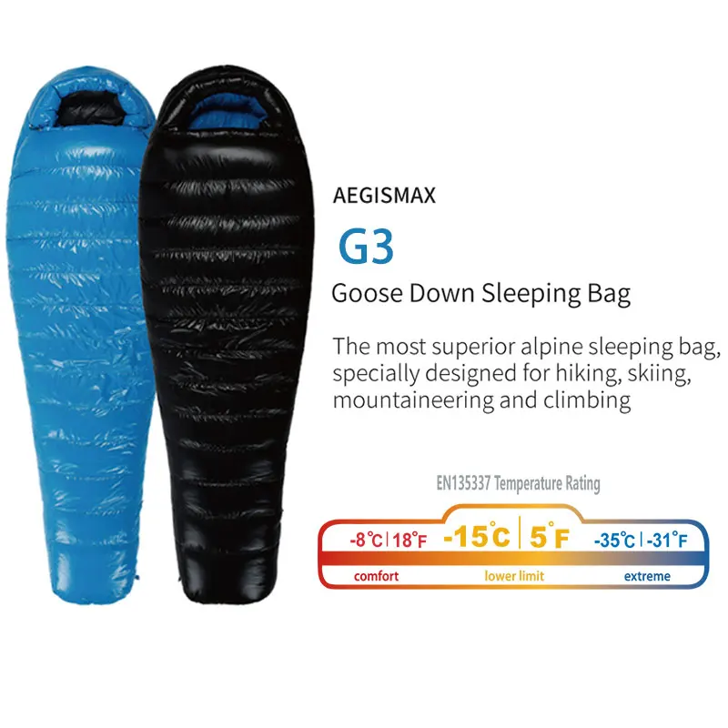 AEGISMAX G3 Series Adult Outdoor Camping Keep Warm 800FP White Goose Down Mummy Nylon Sleeping Bag