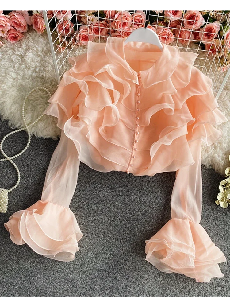 Women Springr Shirt Temperament New French Super Fairy Layer Ruffle Shirt Perspective Western Style Top Flare Sleeve D2798