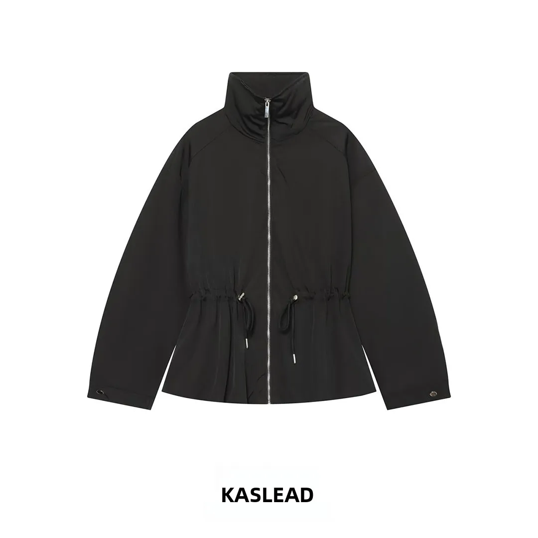 KASLEAD New Women's Cotton Jacket Stand Collar Versatile Outerwear Windproof Long Sleeve Zipper Closure Polyester Fabric