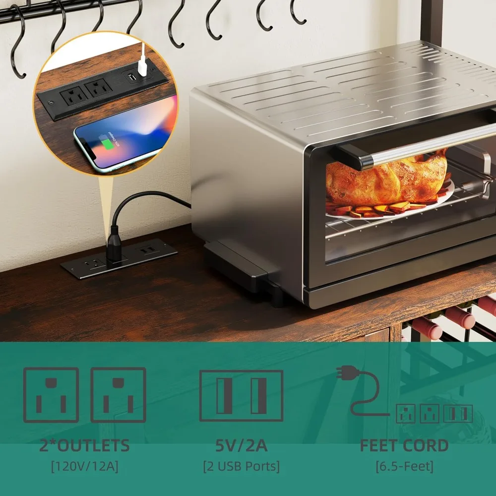 رف خباز كبير مقاس 47 بوصة على طراز المزرعة مع مخرج طاقة وتخزين، وخزانة بار القهوة، وحامل ميكروويف للمطبخ