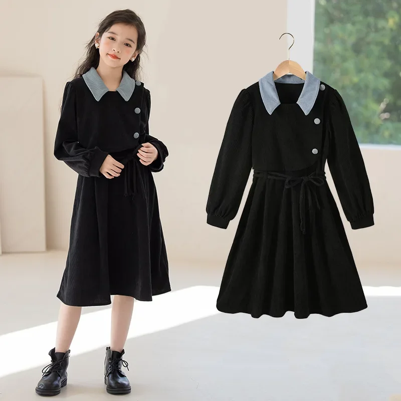 Girls' Autumn Dress Flip Collar Fake Two Piece Lace Up Dress Knee Length Long Sleeve Dress Daily Party Dress for Girls Aged 5-14