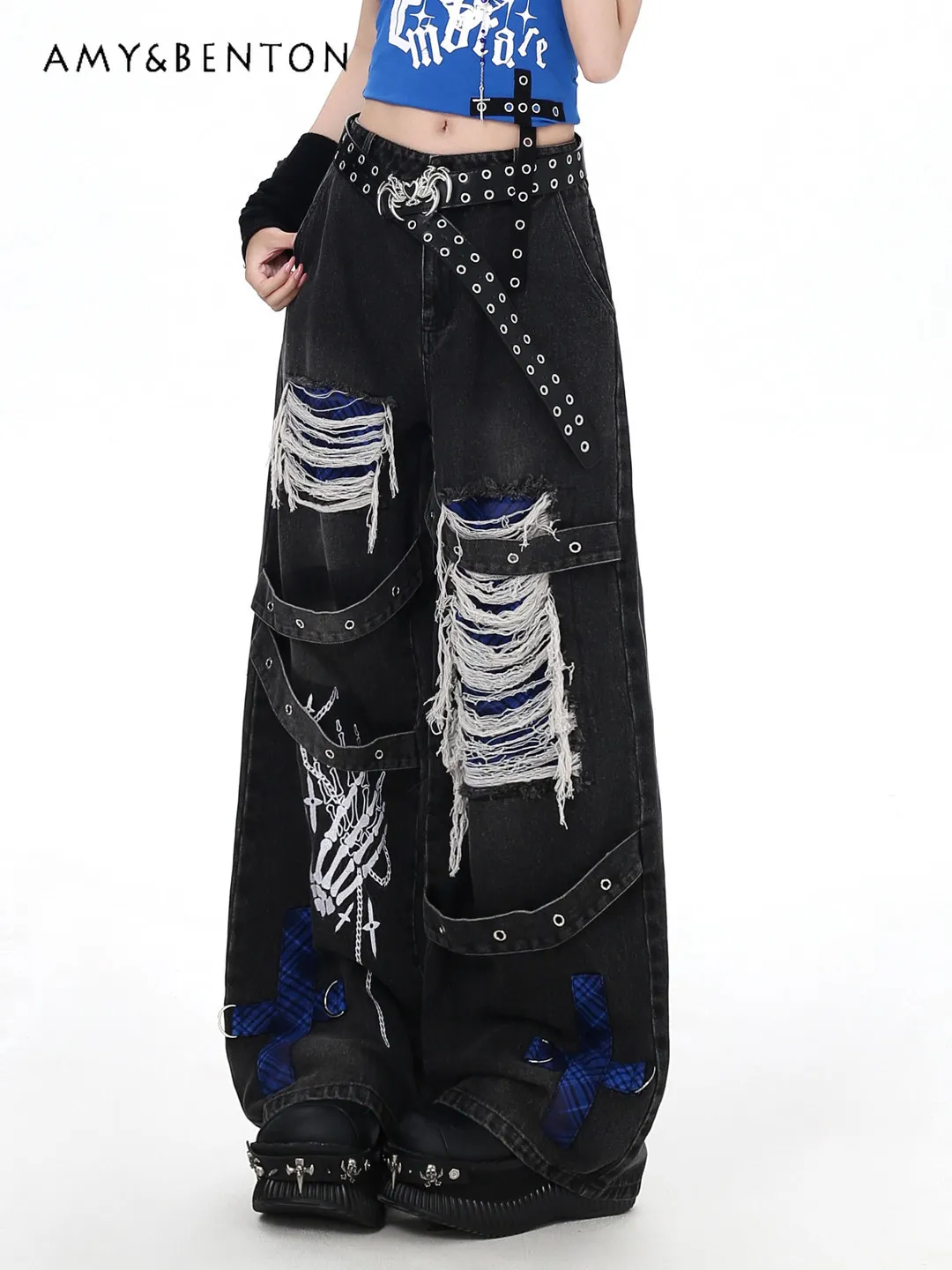 Subculture Punk Style Retro Old Washed Ripped Jeans for Women Summer New American Hot Girl Y2K High Waist Slim Wide Leg Pants