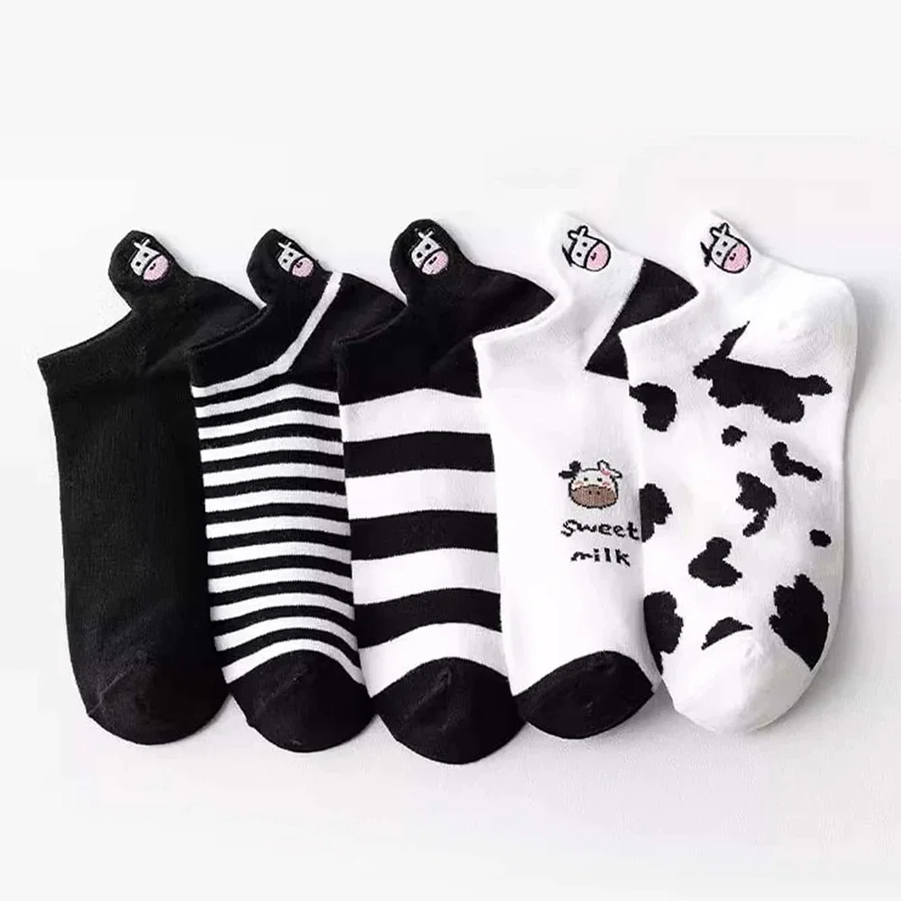 Desenhos animados Animal Print Meias curtas para mulheres, baixo tubo, meias legais, bonito pé de tornozelo, moda kawaii, verão, novo, 5 pares por