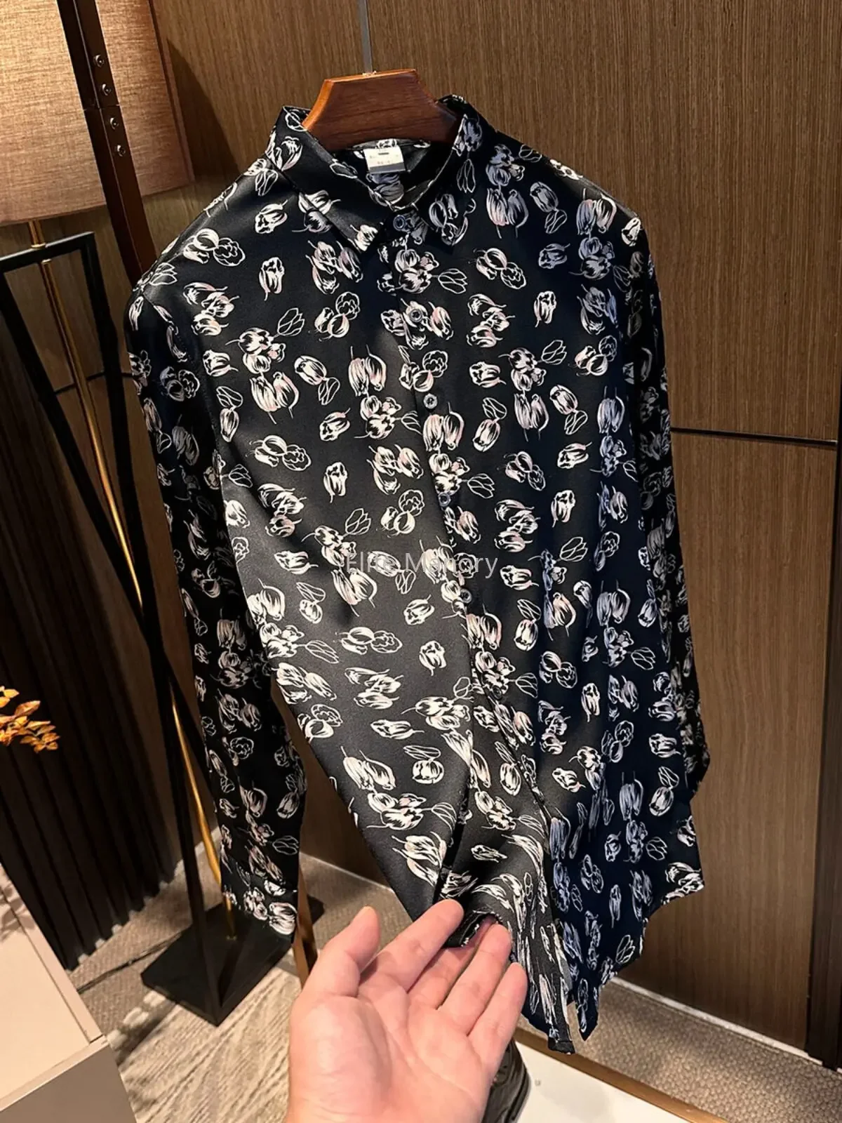 Falling leaves! High-end mulberry silk! Spring new silk full of floral long-sleeved shirts