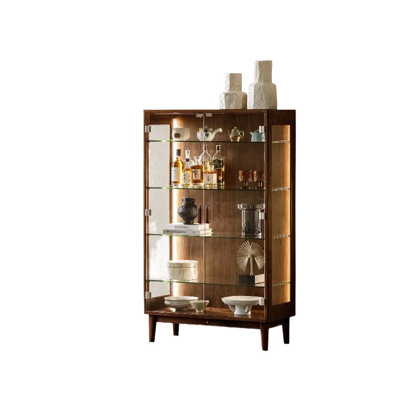 

North American black walnut Nordic solid wood wine cabinet living room wall display cabinet double door glass door storage