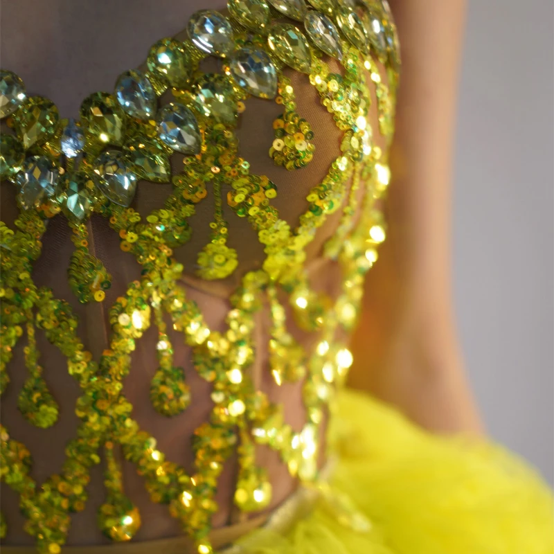 Sukienka damska z fluorescencyjnych żółtych cekinów, koronkowa, na imprezę, festiwal, suknia wieczorowa, strój sceniczny dla piosenkarki barowej, XS9976