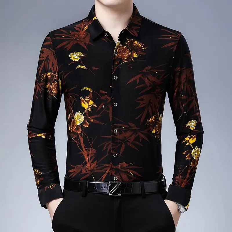 Fashion Men Vintage Hawaiian Long Sleeve Shirt Spring Autumn New Koreon Streetwear Male Clothes Business Casual Black Tops 2023