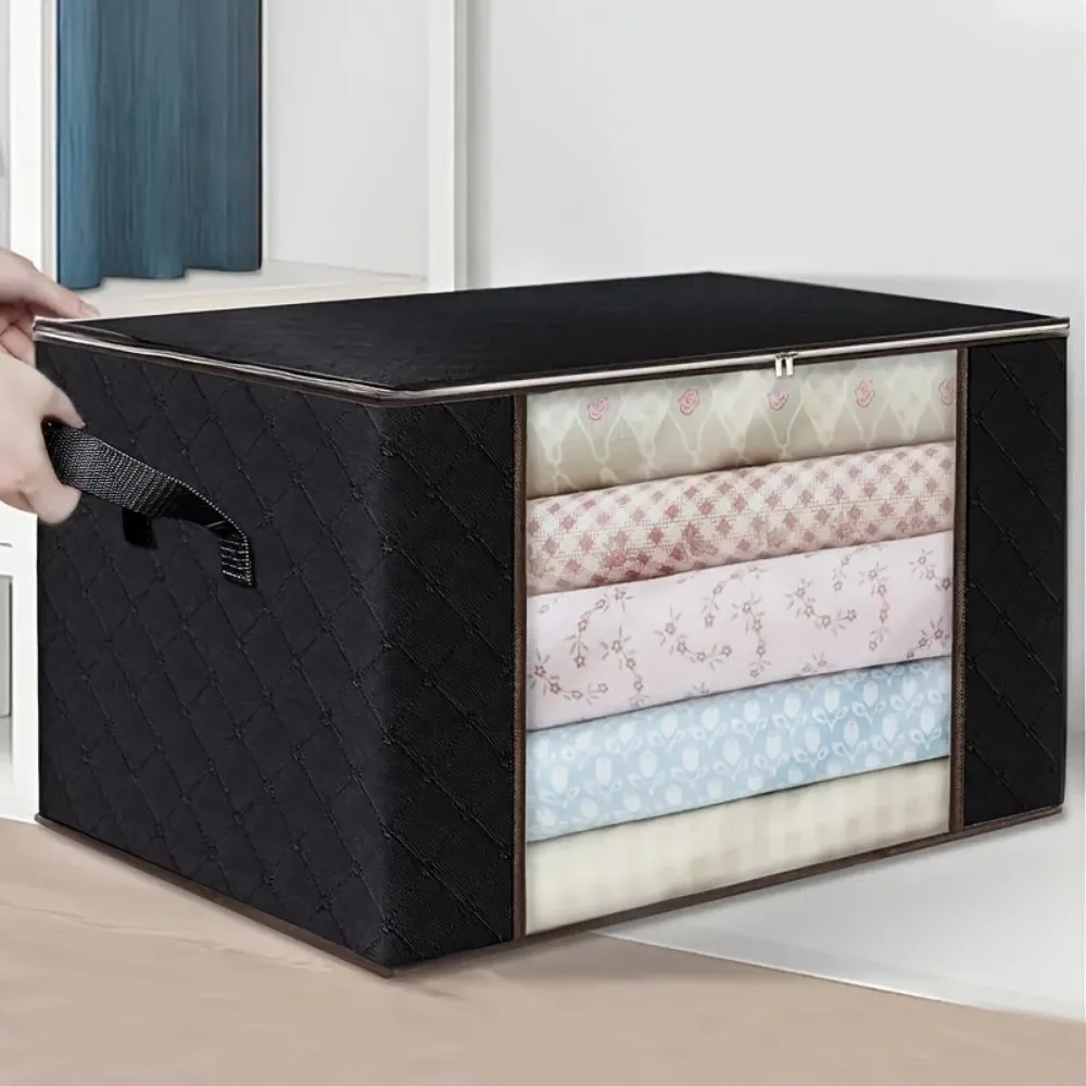 Oversized Foldable Storage Bag With Visible Windows Non-woven Clothing Organizer Durable Reinforced Handle Quilt Organizer