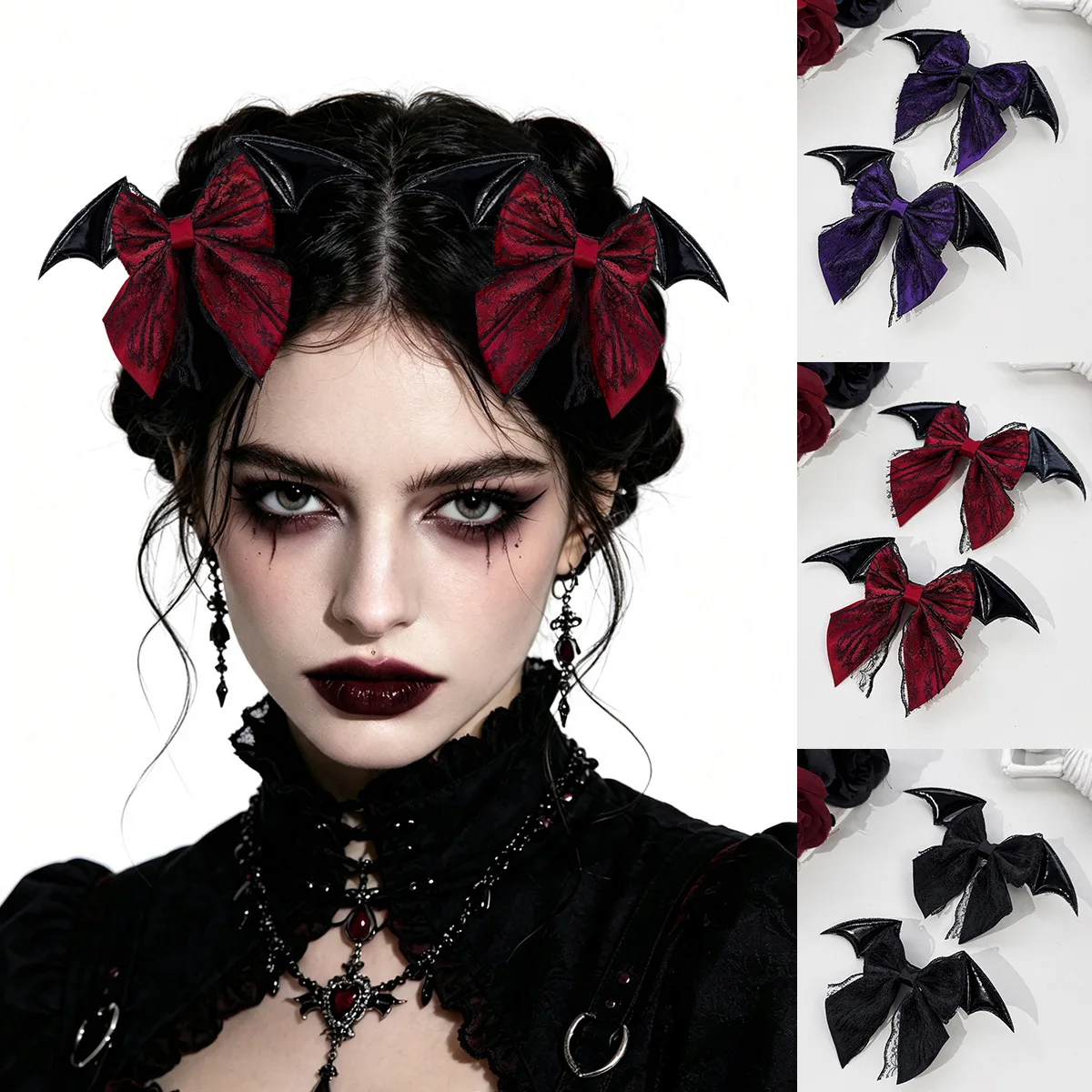 2Pcs Halloween Bat Wing Lace Bow Hair Barrettes Dark Gothic Side Hair Clips Cool Women Cosplay Party Decor Hair Accessories