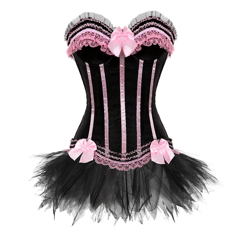 Sexy Lace Overbust Corset Top Women Vintage Satin Bow Bustier Striped Floral Lace Up Corset Bustier Short Skirt Set