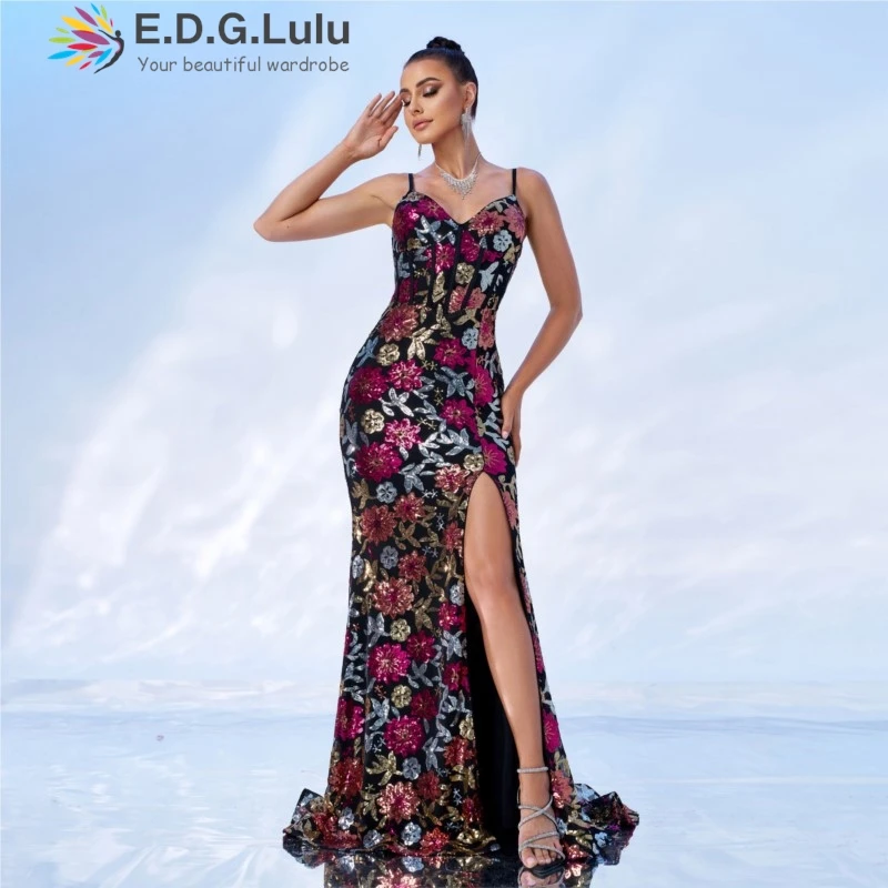 EDGLuLu Elegante scollo a V senza maniche festa di compleanno abito donna sexy backless floreale con paillettes alta fessura abiti lunghi a sirena 0629