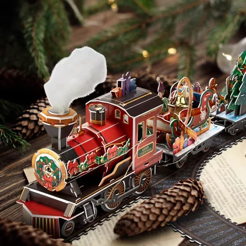 Diy trem de natal kits modelo de madeira personalizado 3d quebra-cabeças de madeira diorama com lâmpada música construir presente de aniversário de natal decente