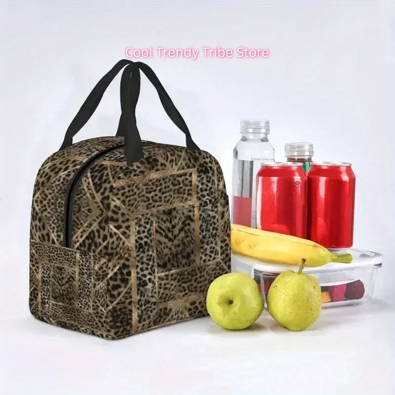 Geometric Insulated Lunch Tote Bag for Women Featuring a Leopard Fur Design, Perfect for Keeping Food Cool for at School