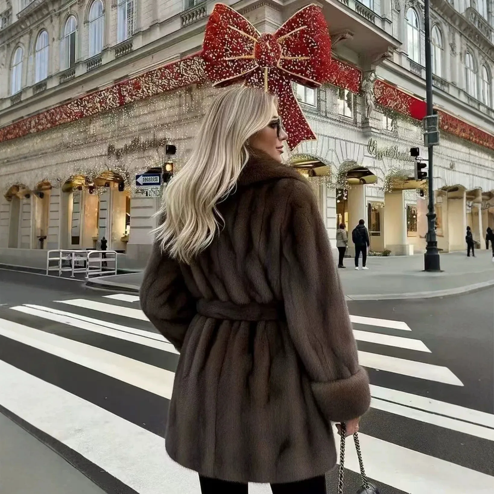 Faux Fur Coat Winter Jacket Women Warm Faux Fox Fur Overcoat with Belt, Faux Fur Coats Ladies Long Outerwear