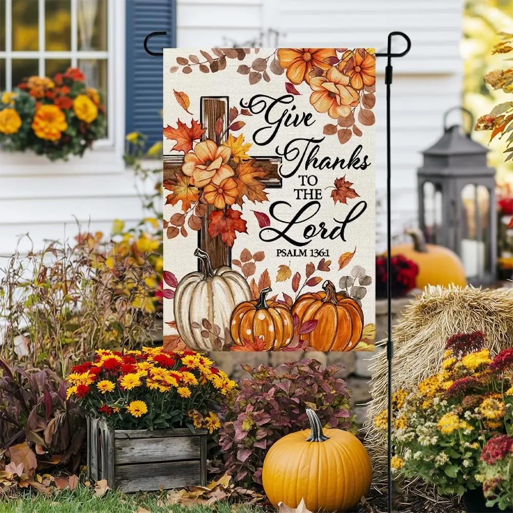 Fall Cross Pumpkin Garden Flag for Outside 12x18 Inch | Weather resistant, double-sided Small yard flag. Features pumpkins r llp