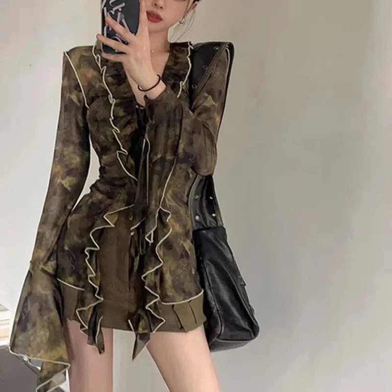 

Ruffle Edge V-neck Summer 2024 Women's New Spliced Drawstring Printing Fashion Slim All-match Long sleeved Blouses Shirts