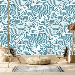 Papier peint en vinyle personnalisé Peel and Stick, impression bleue de vagues de mer, papiers peints TV, décoration murale pour la maison, salon, perfectionné