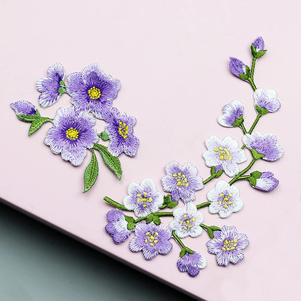 Decorative Embroidery Patches for DIY, Cherry Blossoms, Iron on Clothes, Bag Accessories, Flower Sticker, Back Adhesive, 1 Piece