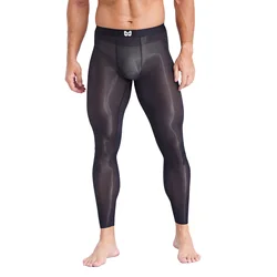 Mens Stretchy Ultra-Thin Leggings Ice Silky Yoga Fitness Leggings Bulge Pouch Tights See Through Pants for Gym Sports Workout