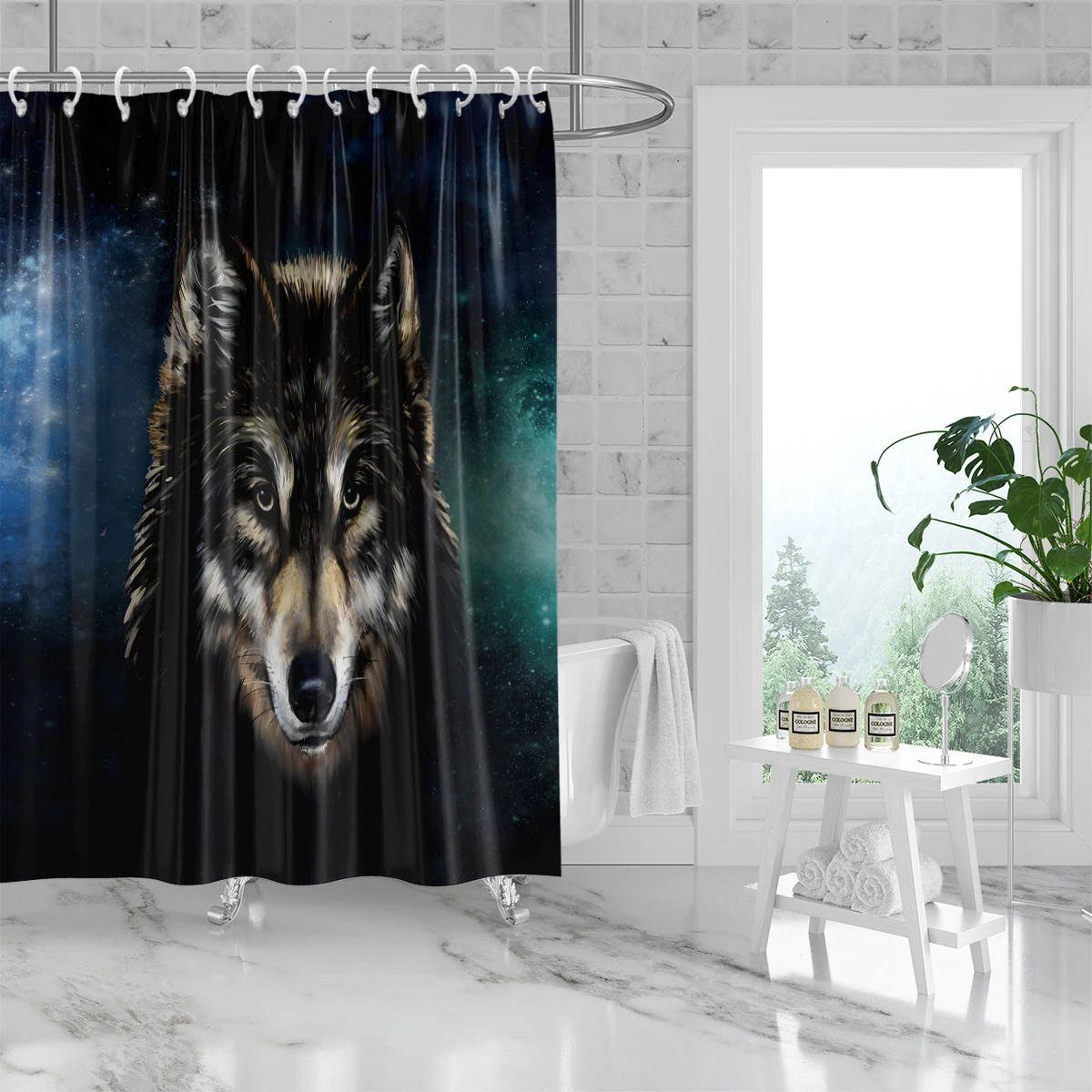 1 piece of 180x180cm starry sky and wolf print shower curtain, partition bathroom waterproof and mildew proof home decoration