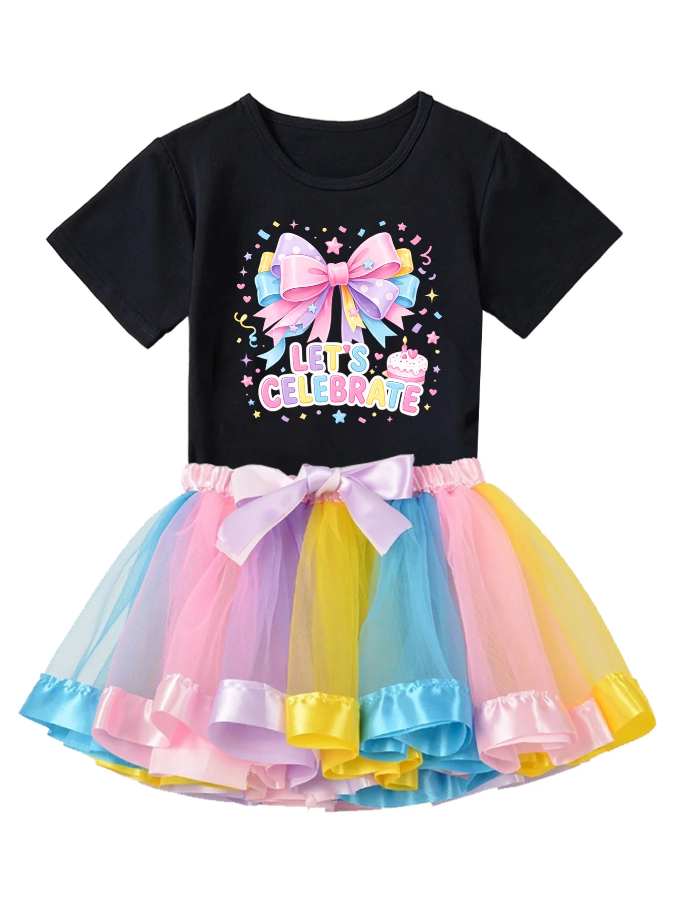 Girls Birthday Outfit 2Pcs Set LET'S CELEBRATE Bow Print Short Sleeve T-Shirt Rainbow Pastel Tutu Skirt Kids Princess Party Cost