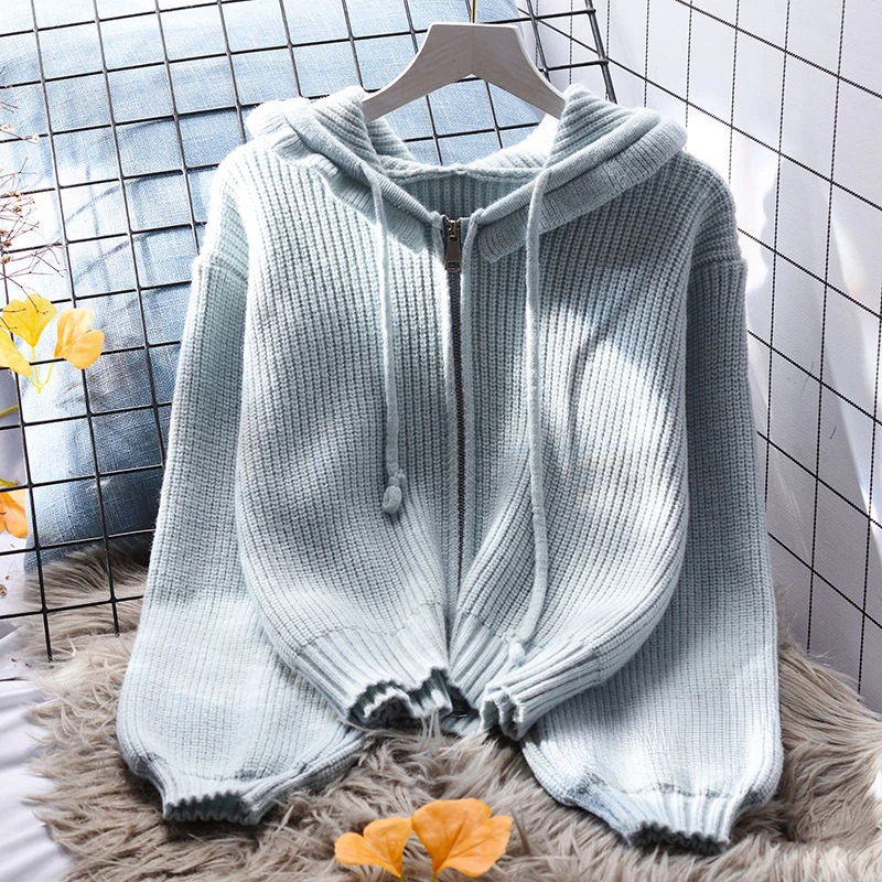 

Loose Knitted Cardigan Women French Vintage Solid Lazy Soft Zipper Female Sweater 2023 Autumn Hooded Lady Coat Jacket E63