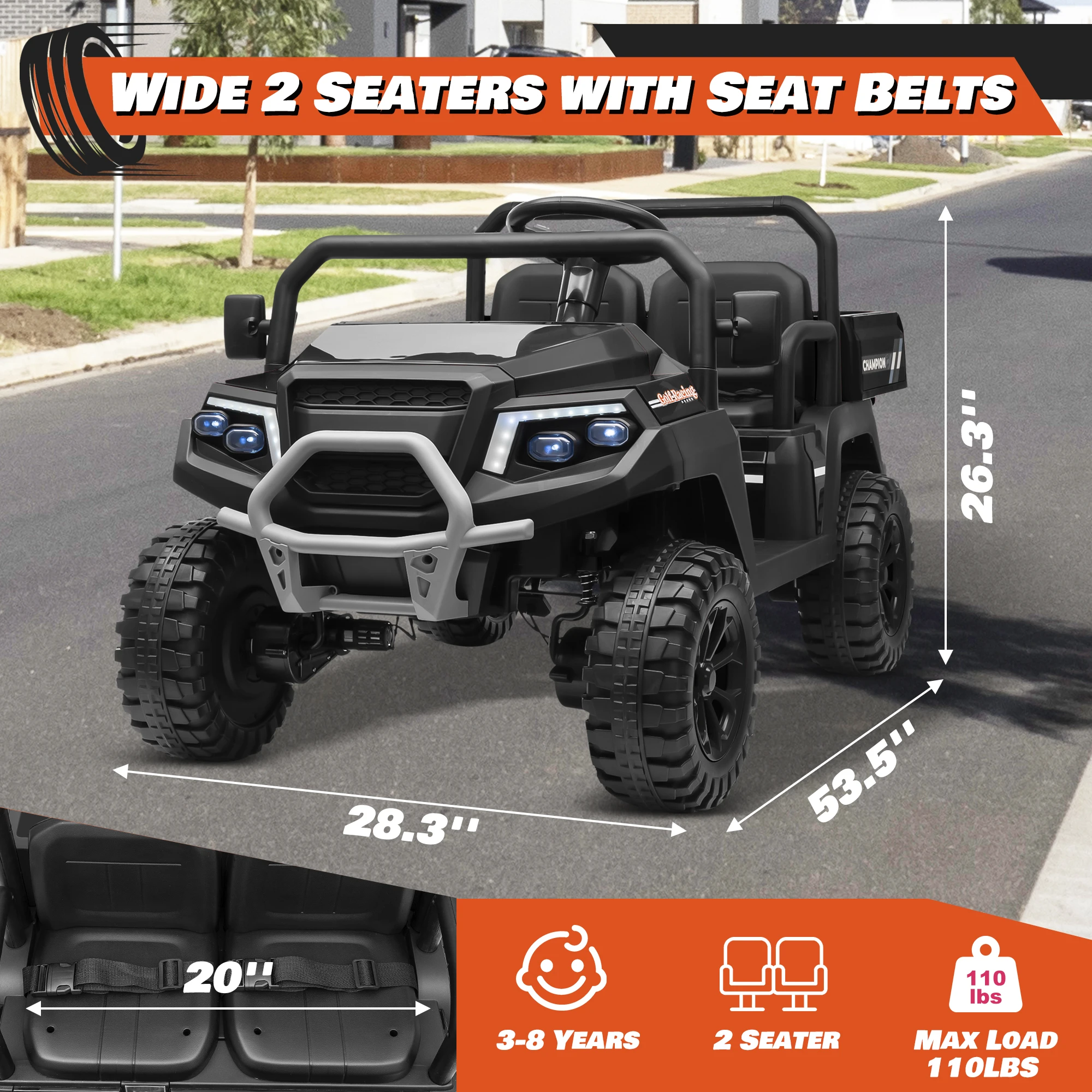 Carrinho de golfe 4WD para passeio em carro 24V com motores 800W, 20''2 lugares, flor de presente, controle remoto 2.4G, 4 rodas, música pop