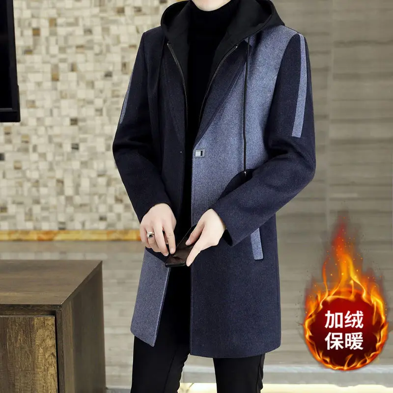Winter New Hooded Long Sleeve Fashion Woolen Coat Man High Street Casual Contrast Color Patchwork Cardigan All-match Thick Top