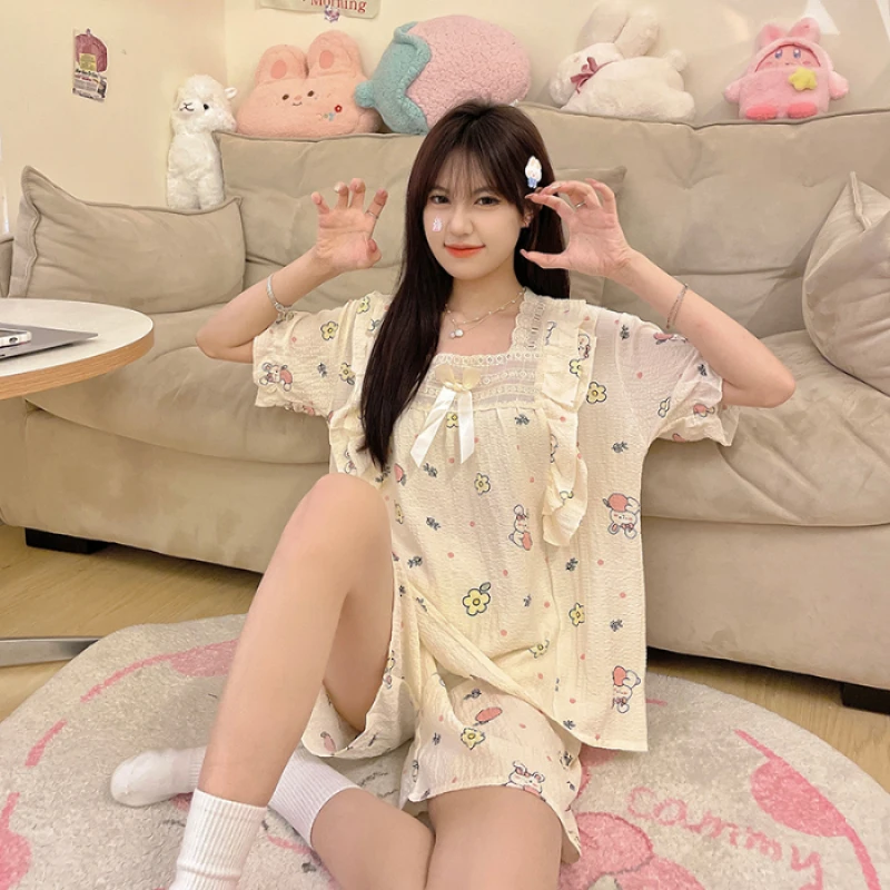 Korean Y2k Sweet Ins Cartoon Kawaii Women\'s Pajamas Square Neck Bow Lace Short Sleeve+shorts Sets 2024 New Summer Cute Nightgown