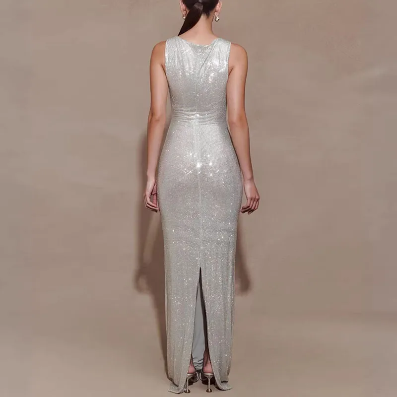 Batas para mujer, vestido de fiesta Sexy con lentejuelas brillantes, nuevo vestido largo elegante con cuello redondo y abertura hueca, vestido Maxi bohemio sin mangas para primavera y verano