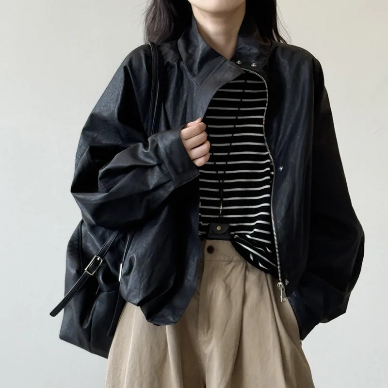 HKSH ربيع الخريف جديد سترة نسائية بولي Leather الجلود الوقوف طوق سستة بلون الأمريكية الرجعية الراقية Ins معطف غير رسمي HK13660