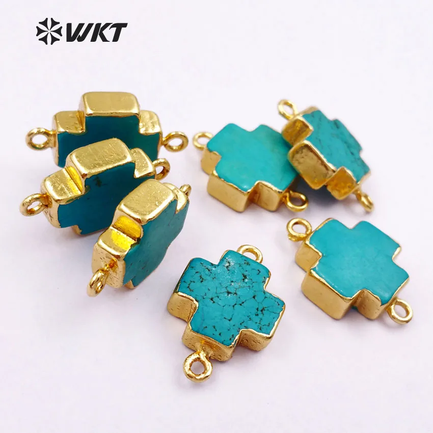 WT-C150 Wholesale Cross Shape Pendants Connector Green Turquoise Stone Accessory For Bracelet Or Necklace Finding