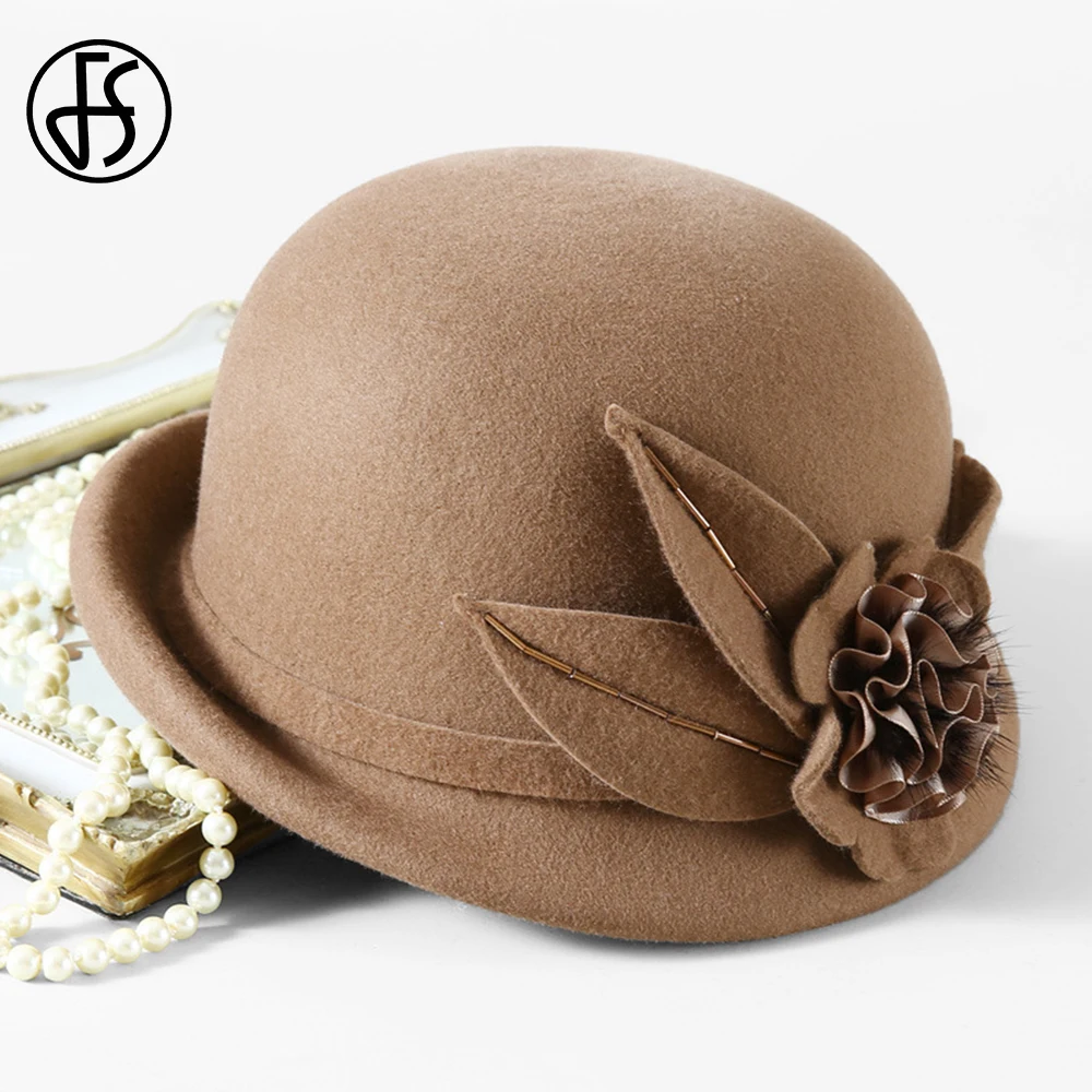 FS 2024 Fashion Camel Beret Ladies 100% Wool Winter Fedoras Vintage Cloche Cap Fascinator Flower Elegant Party Hats For Women