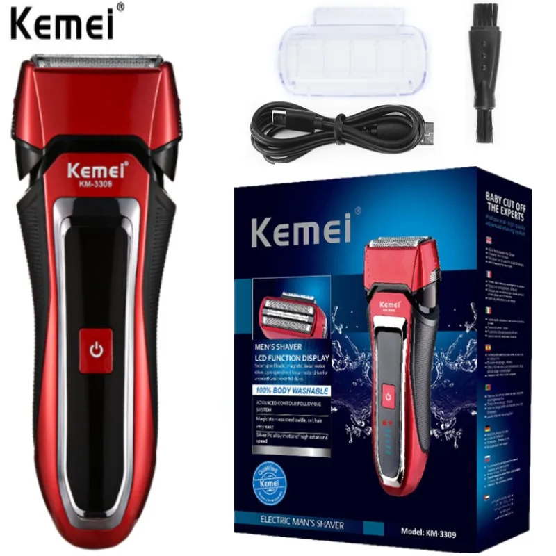 Kemei KM-3309 rasoio elettrico lavabile bagnato e asciutto per uomo barba rasoio elettrico ricaricabile testa sistema di rasatura calva