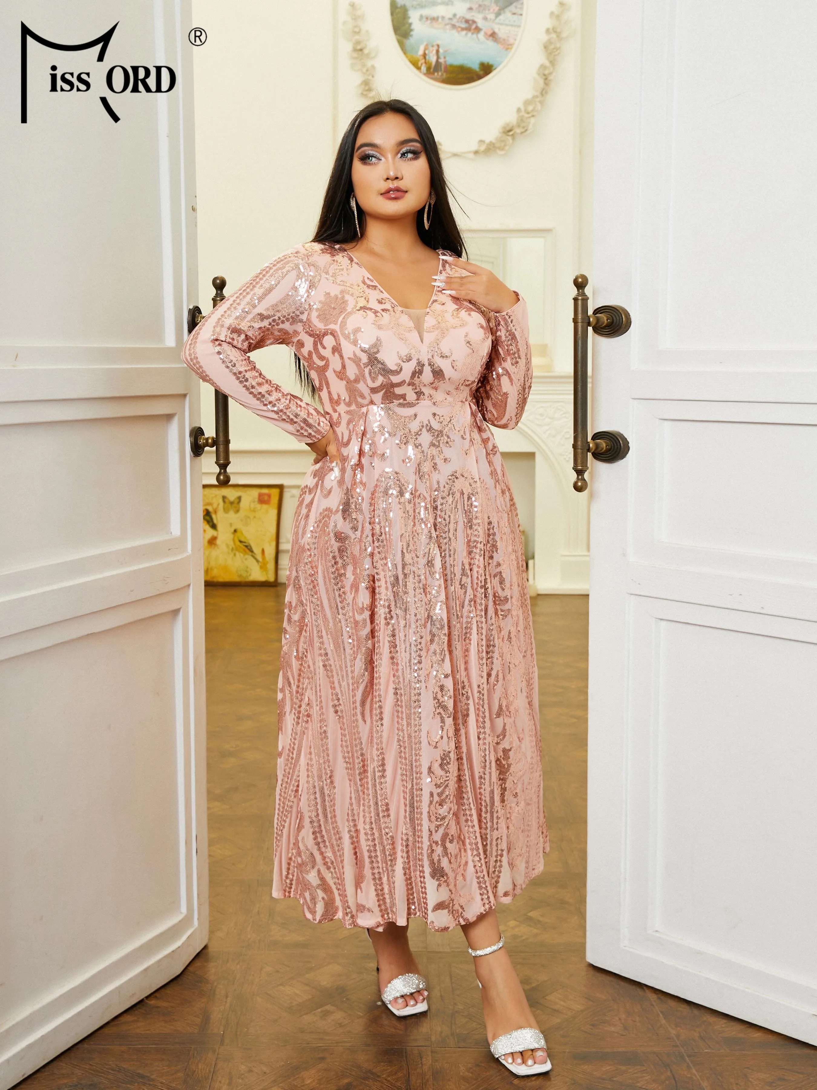 Missord Elegant Rose Gold Sequin Plus Size Party Dresses Women Long Sleeve V Neck Loose A-line Midi Prom Dress Cocktail Gown