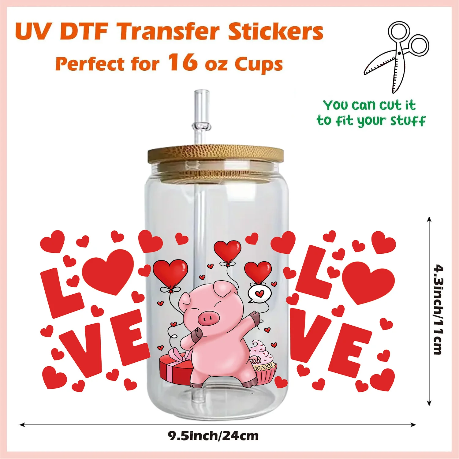 Valentine's Day Series Easy peel waterproof DIY Decals 3D transfers uvdtf crystal stickers 16oz uv dtf cup wraps for Glasses